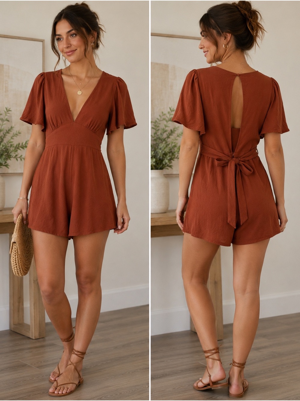 Rust Brown V-Neck Short Sleeve Romper